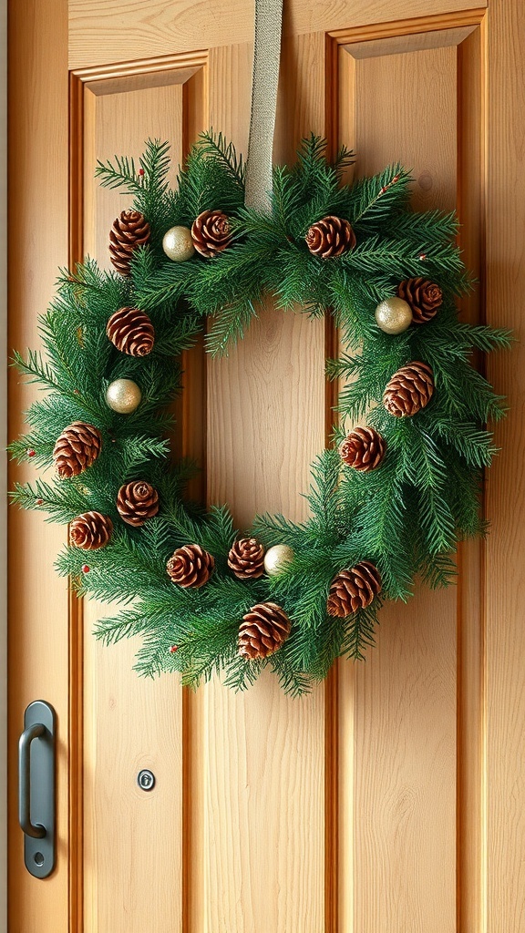 A festive evergreen wreath adorned with pinecones and gold ornaments, hanging on a wooden door.