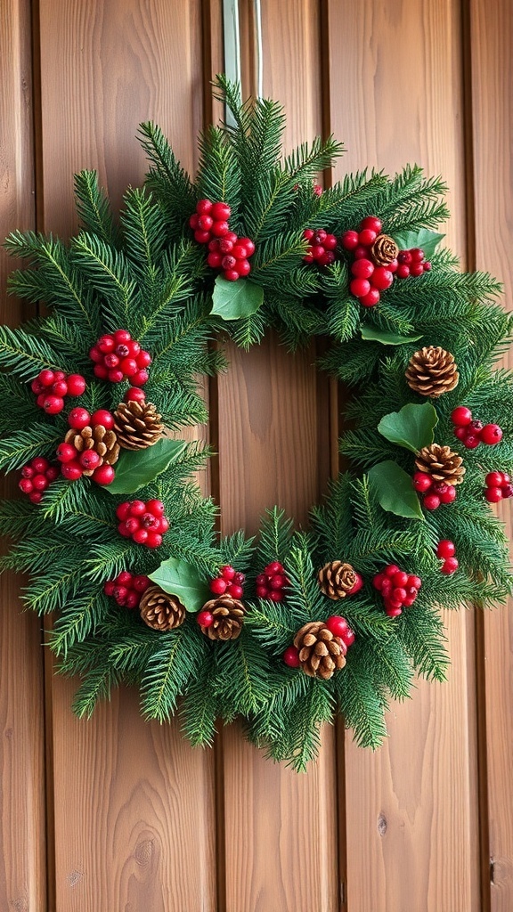 A beautiful evergreen wreath adorned with pinecones and red berries, hanging on a wooden door.