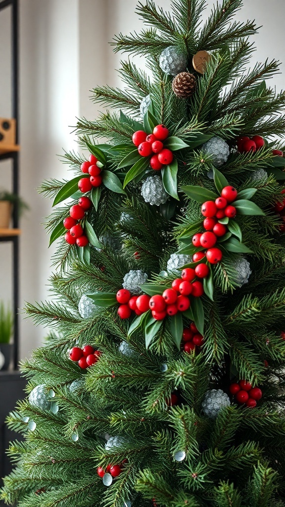 A Christmas tree adorned with an evergreen and red berry wreath, featuring pine cones and silver ornaments.