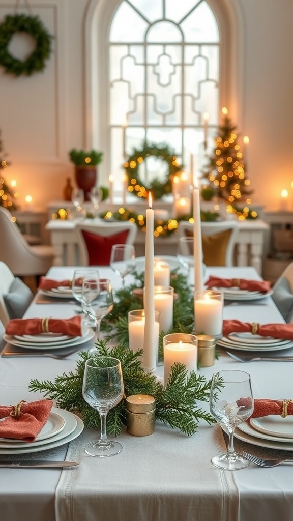 A beautifully decorated dining table with evergreen centerpieces, candles, and elegant tableware.