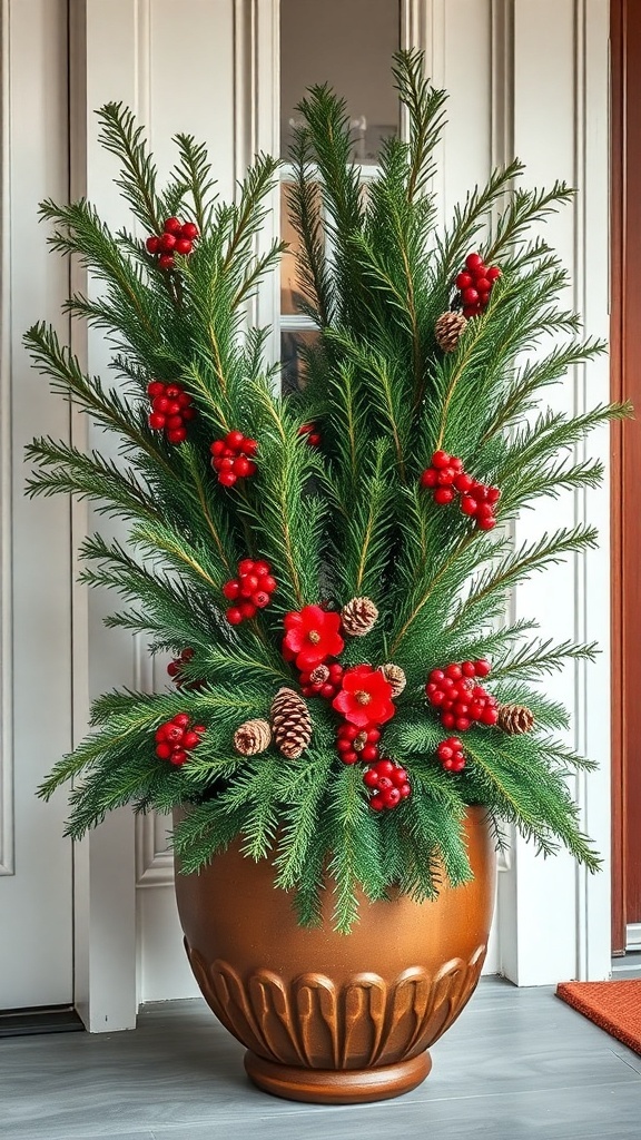 A beautifully arranged evergreen planter with red berries and pine cones, set against a front door.