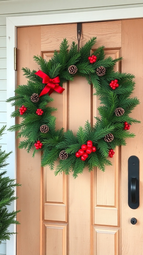 A winter wreath made of evergreen branches, red berries, pine cones, and a red bow, hanging on a wooden door.