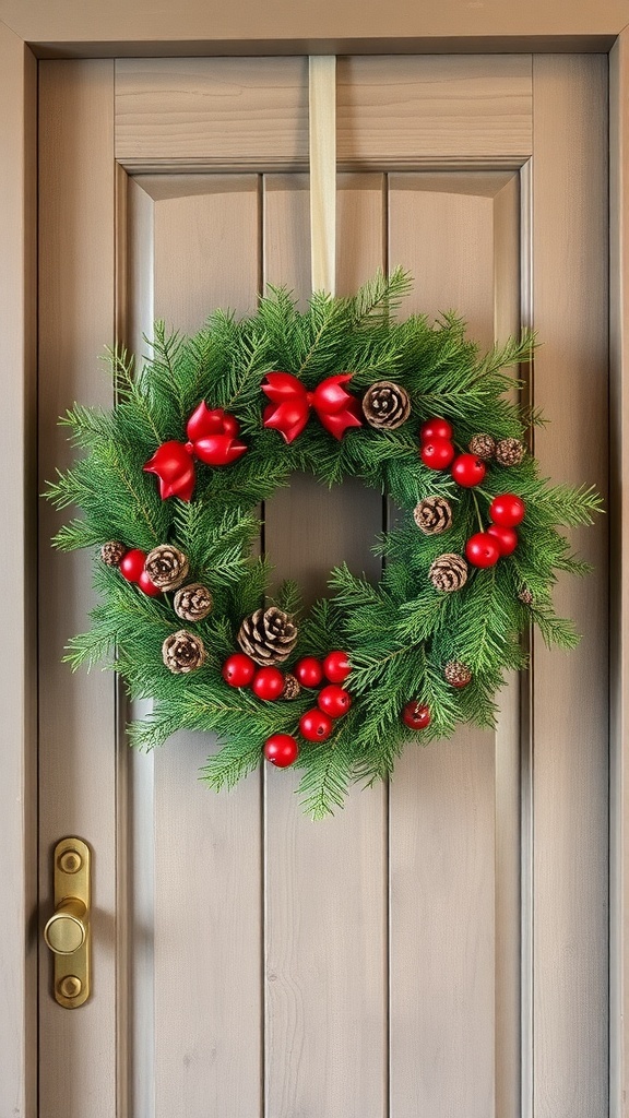 A winter wreath made of evergreen branches, adorned with red ornaments and pine cones, hanging on a wooden door.