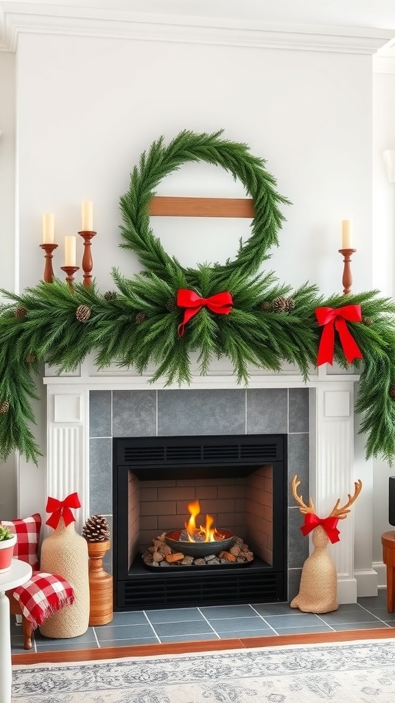 A beautifully decorated fireplace with an evergreen garland featuring red bows and pinecones.