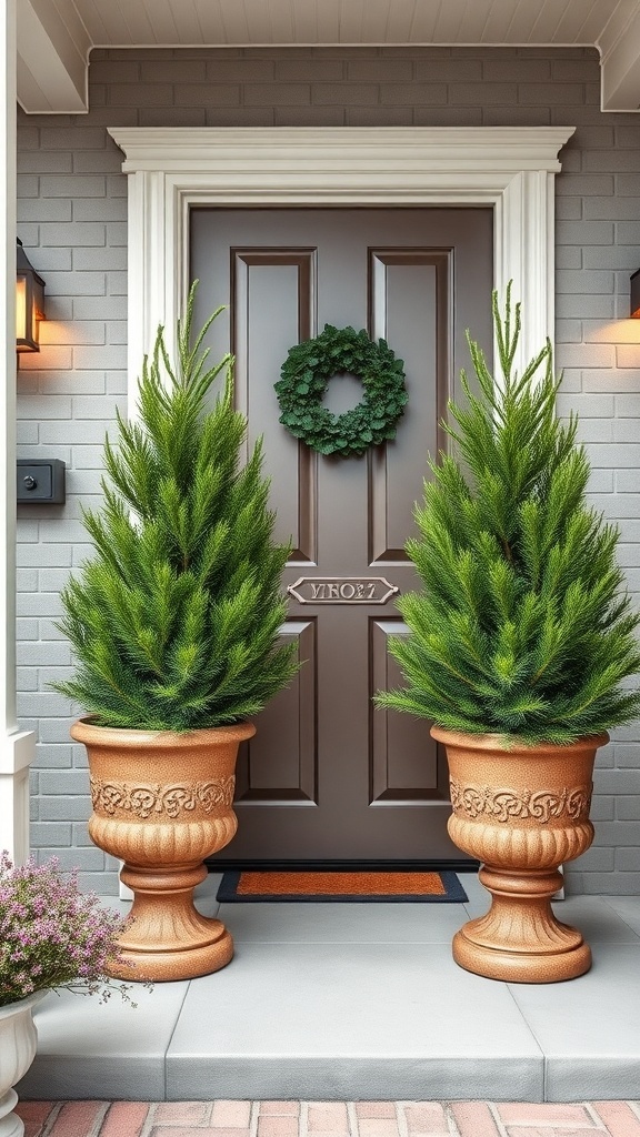 Two evergreen planters on either side of a brown front door with a wreath.