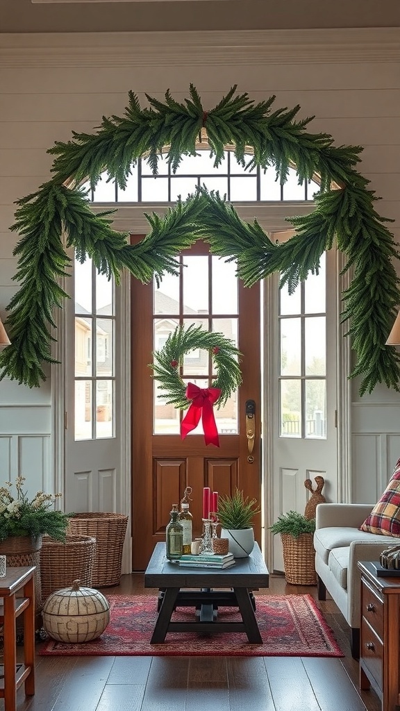 A cozy entryway decorated with evergreen swags and a wreath for Christmas.
