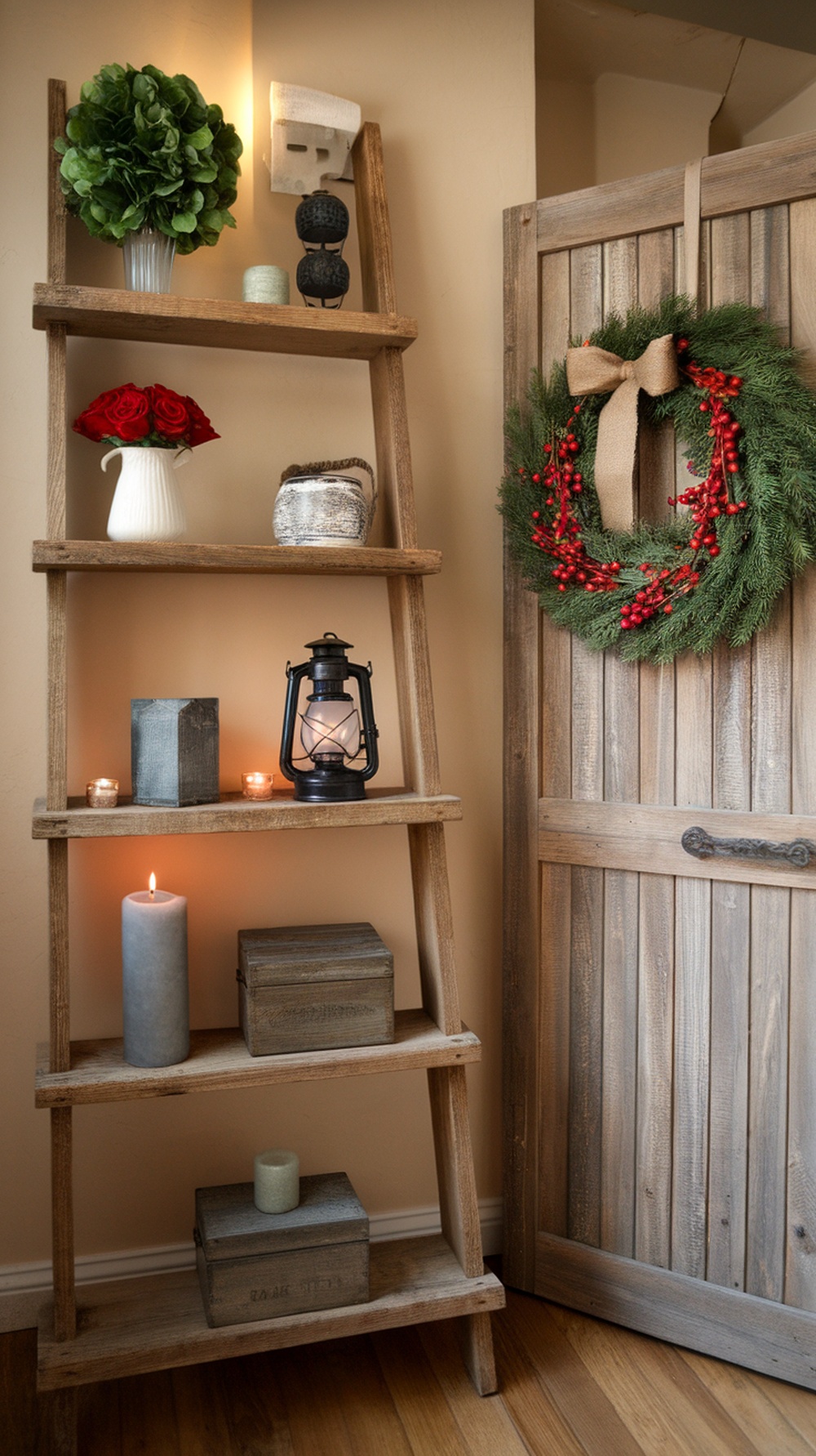A rustic wooden shelf with a beautiful evergreen wreath decorated with red berries and a bow, alongside candles and other decor items.