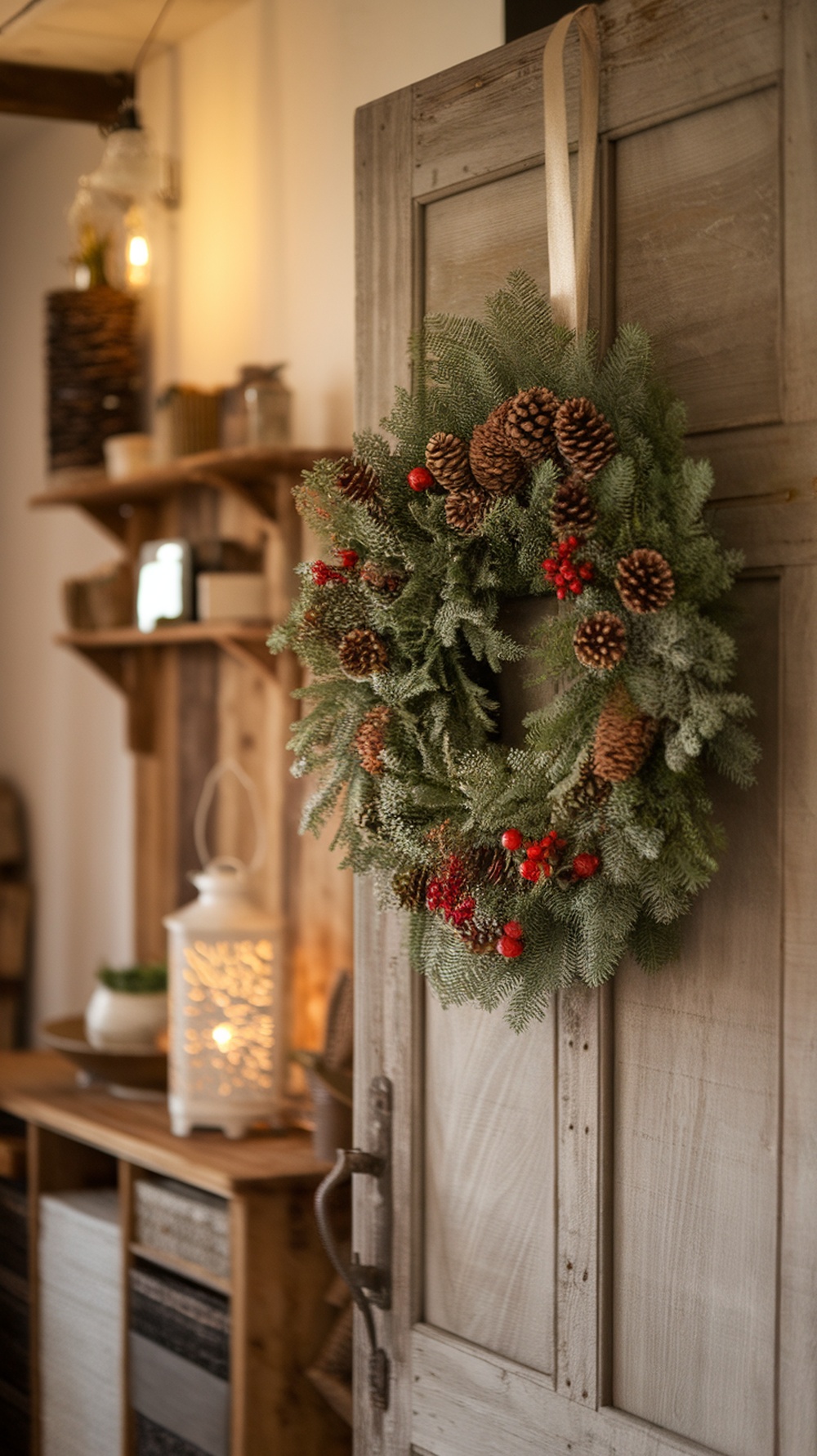A natural evergreen wreath with pinecones and red berries hanging on a wooden door.