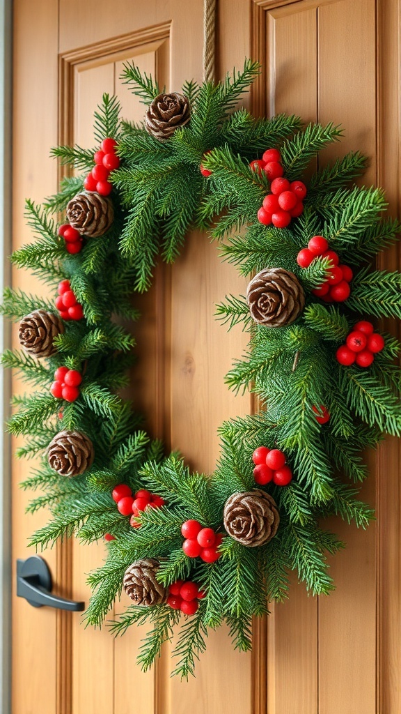 A green evergreen wreath with pine cones and red berries hanging on a wooden door.