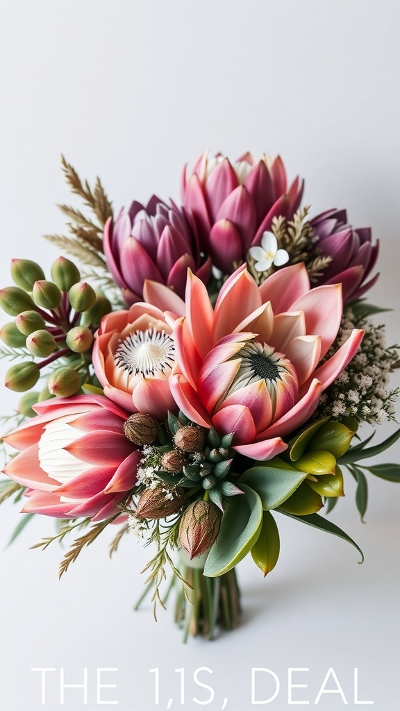 A winter wedding bouquet featuring exotic proteas and succulents.