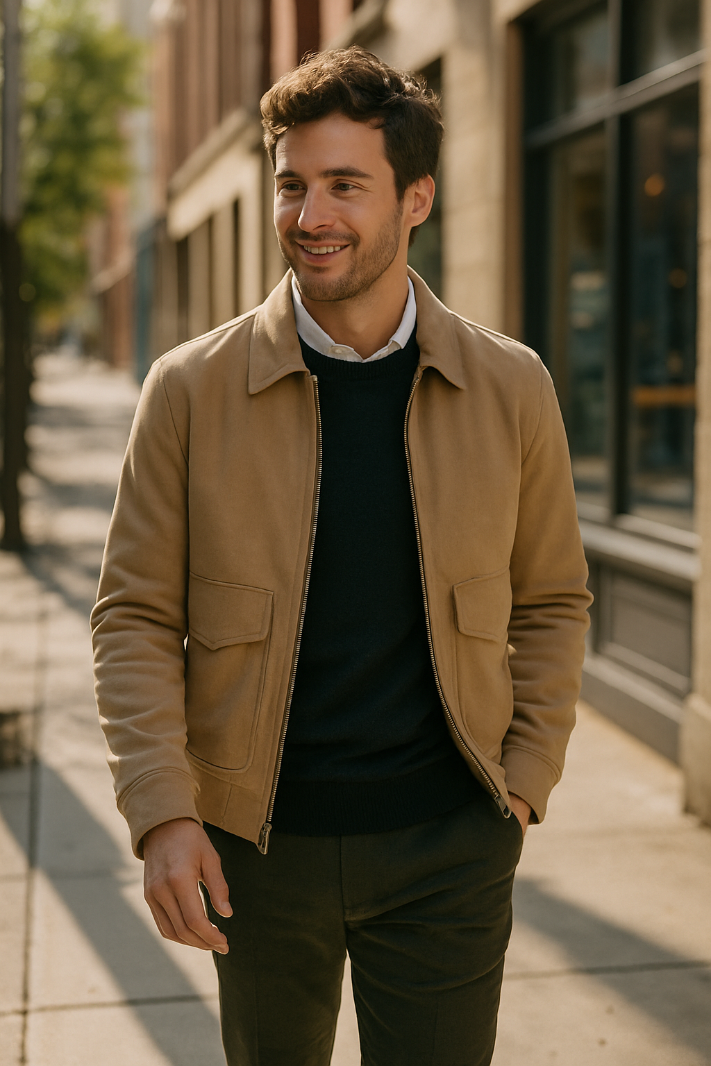 A stylish young man walking down a sunny street, dressed in a beige jacket and black sweater, radiating a sense of luxury and confidence.