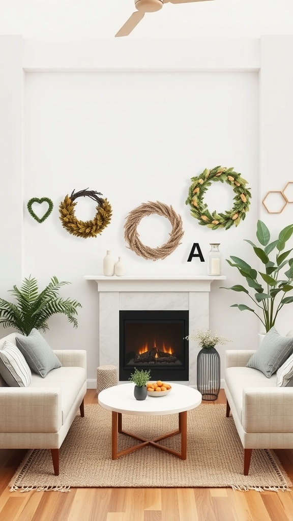 A cozy living room featuring various wreaths of different shapes above a fireplace.