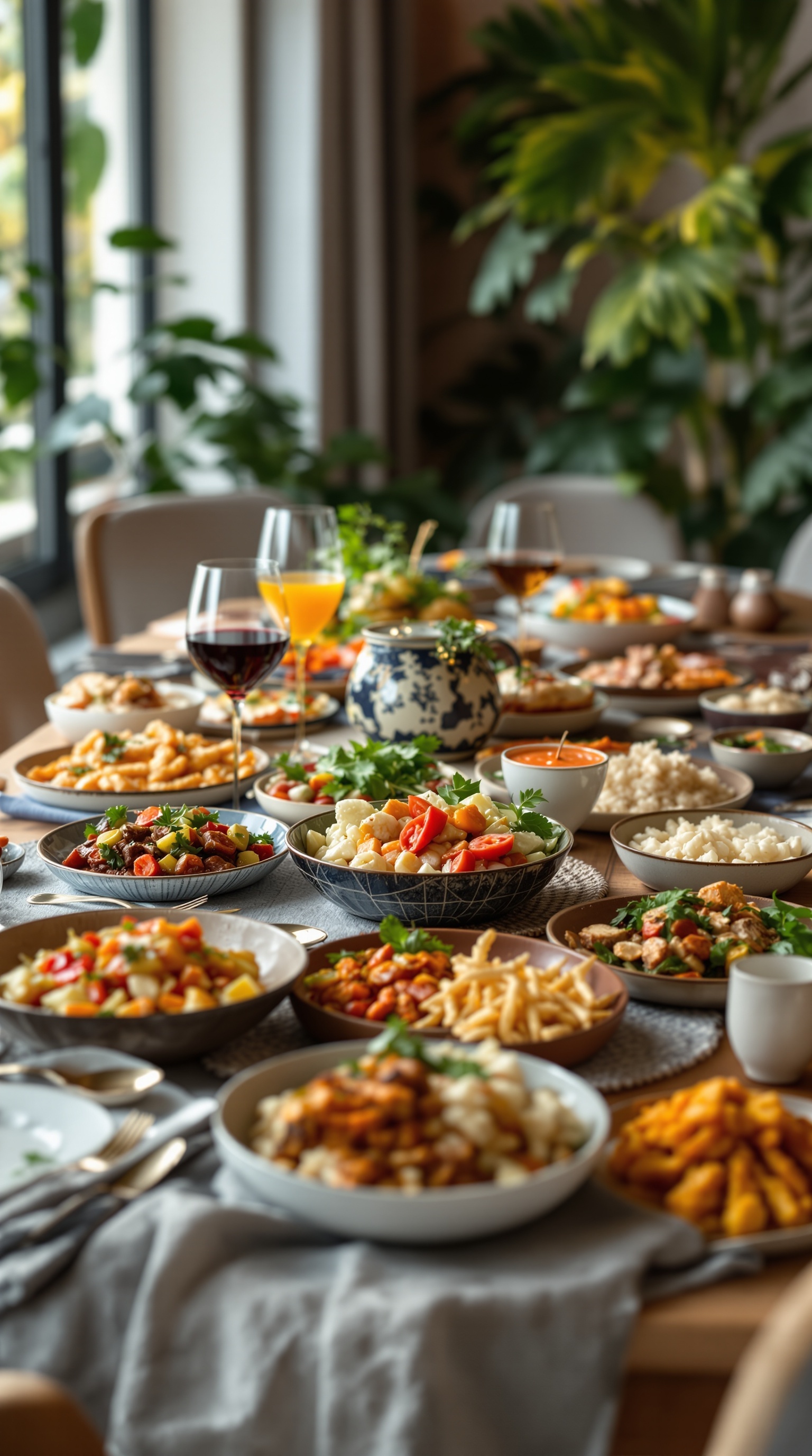 A beautifully arranged dinner table with a variety of international dishes and drinks.