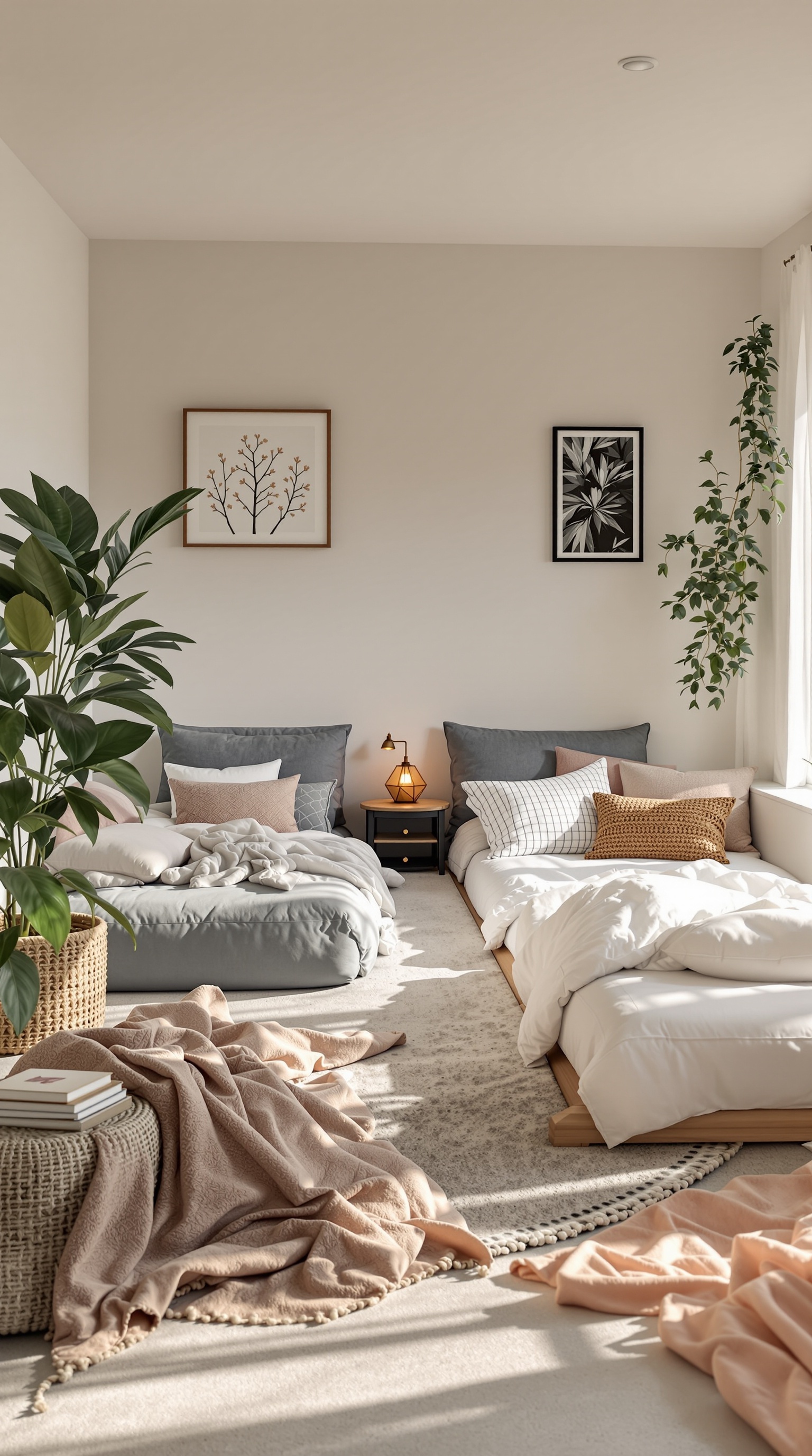 A cozy family sleeping area with multiple bedding options, plants, and soft lighting.