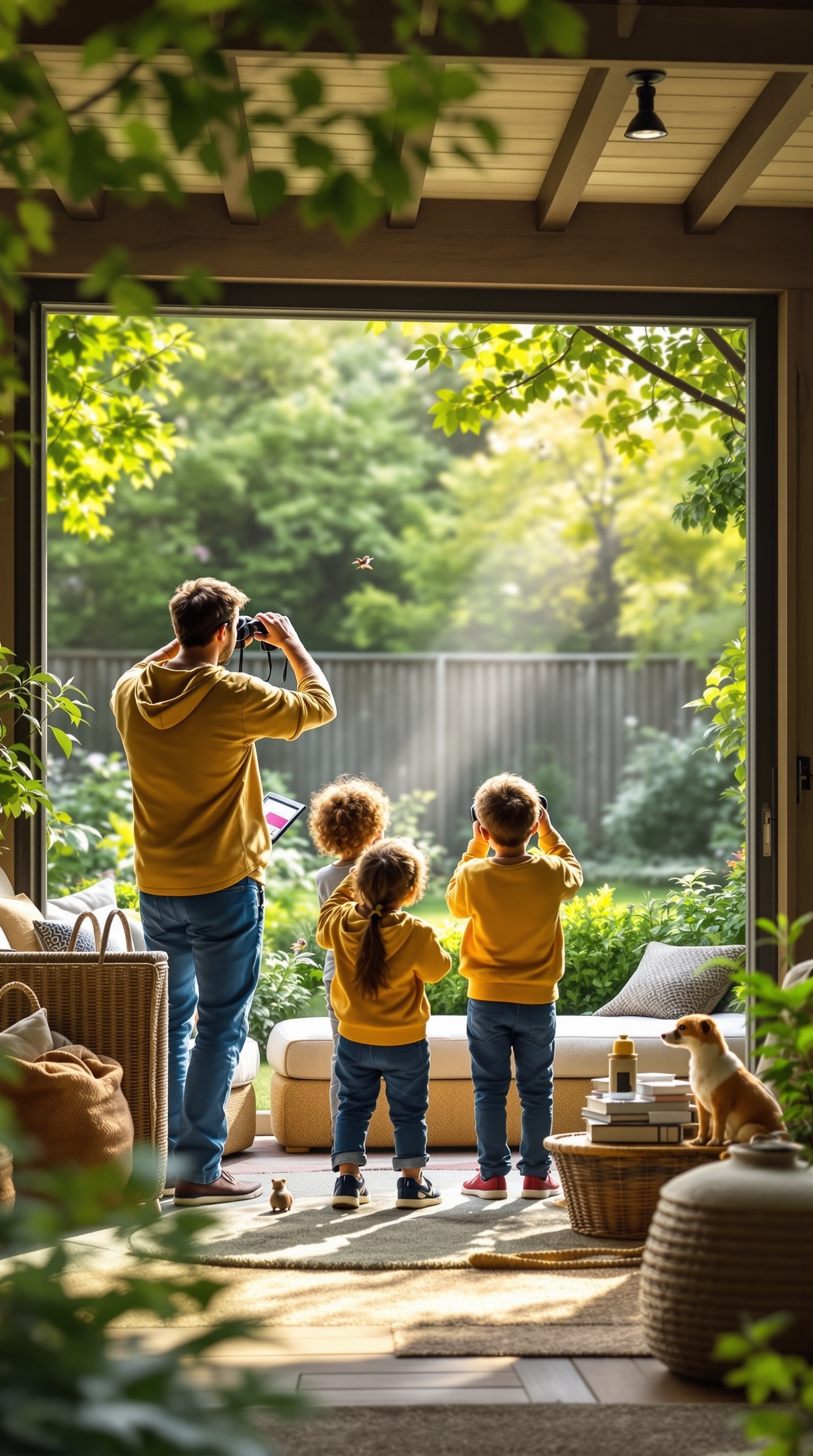 A family observing wildlife in their backyard, with children in yellow hoodies and an adult taking photos.
