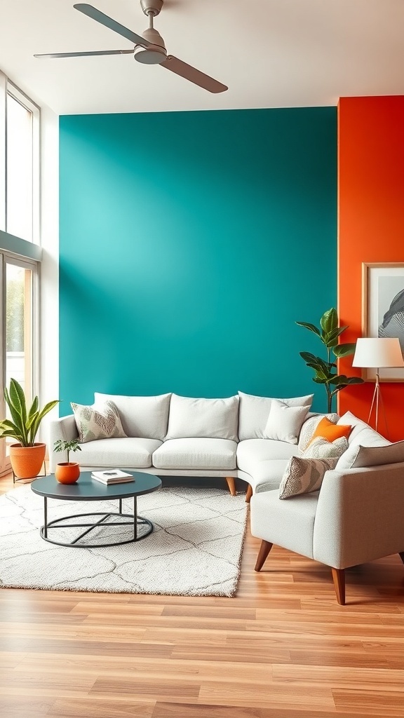 Cozy mid-century modern living room with teal and orange accent walls, gray furniture, and plants.