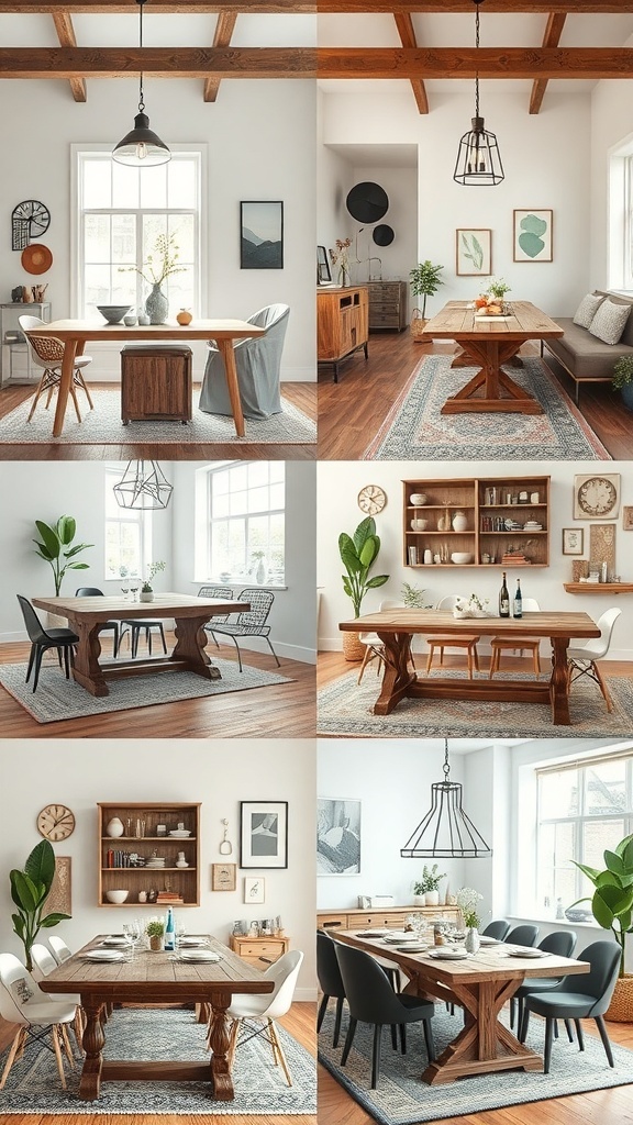 A collage of rustic dining tables in various styles, showcasing industrial and farmhouse designs.