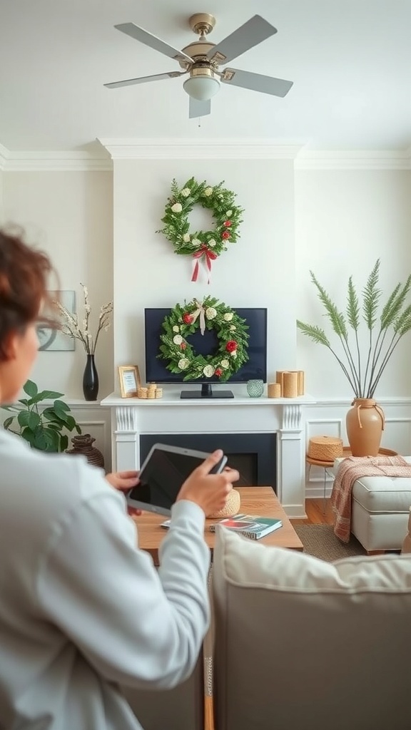A cozy living room featuring two curly deco mesh wreaths on the wall, with a person holding a tablet, looking for DIY inspiration.
