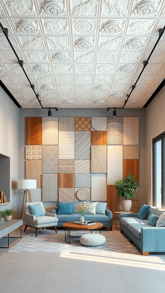 Stylish modern ceiling design with textured tiles and a wall of different wood panels.