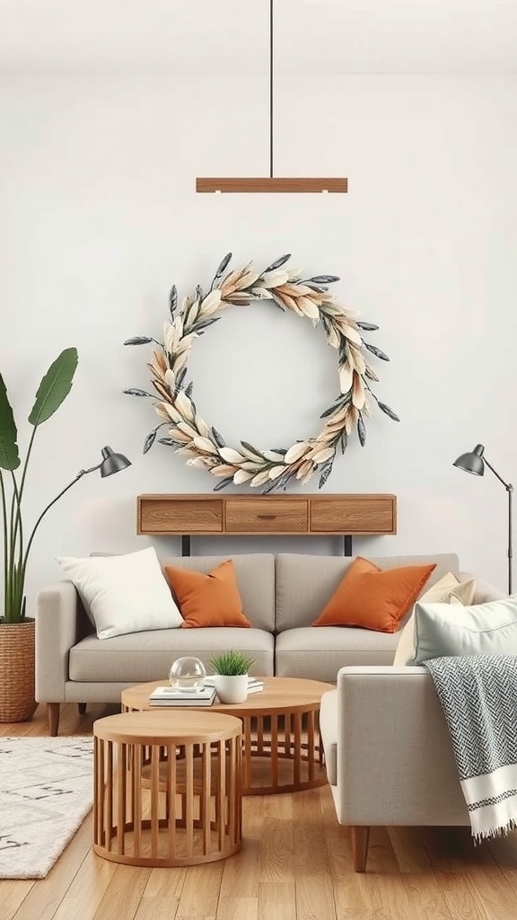 A cozy living room with a natural wreath made from leaves and feathers hanging on the wall.