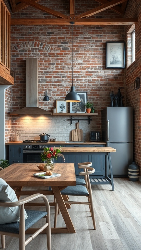 A rustic modern kitchen featuring exposed brick walls, wooden accents, and stylish decor.