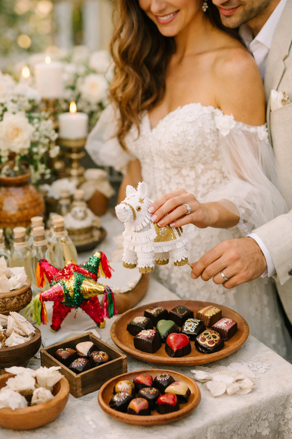 A beautiful display of Mexican wedding favors featuring piñatas and artisanal chocolates