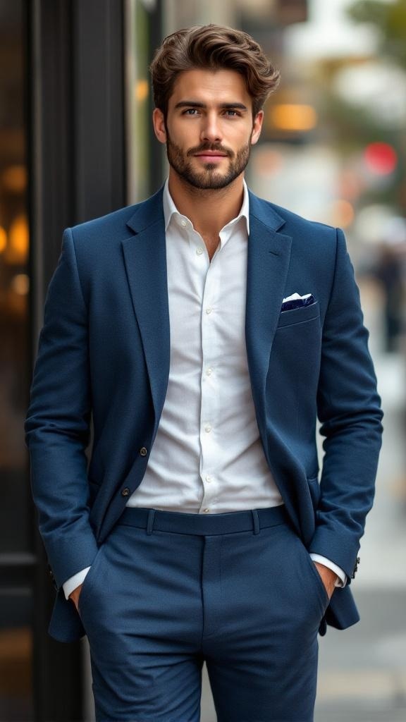 A man in a blue suit standing confidently with his hands in his pockets, showcasing a stylish and modern look.