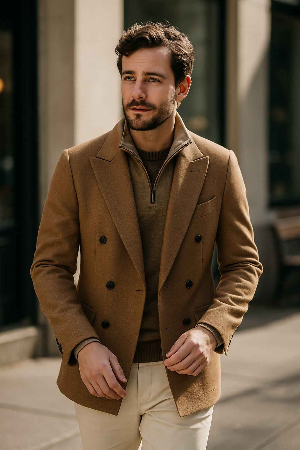 A man wearing a brown double breasted blazer over a sweater, walking outdoors.