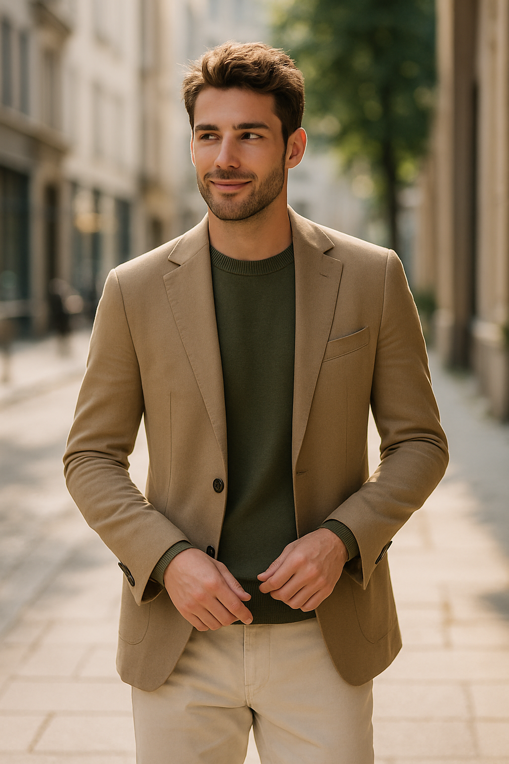A stylish man wearing a khaki blazer outdoors.