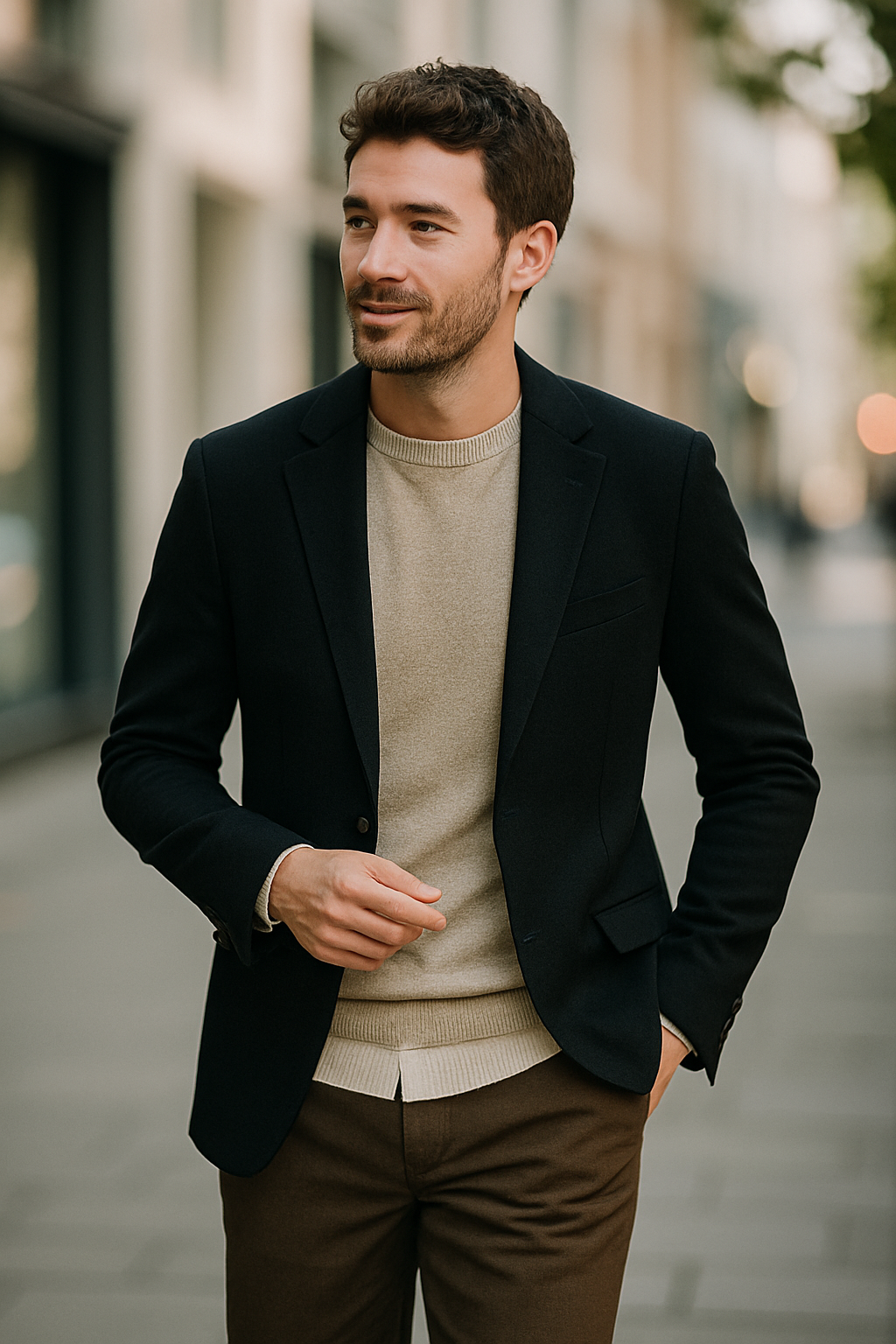Man wearing a black blazer over a light sweater, walking in a city