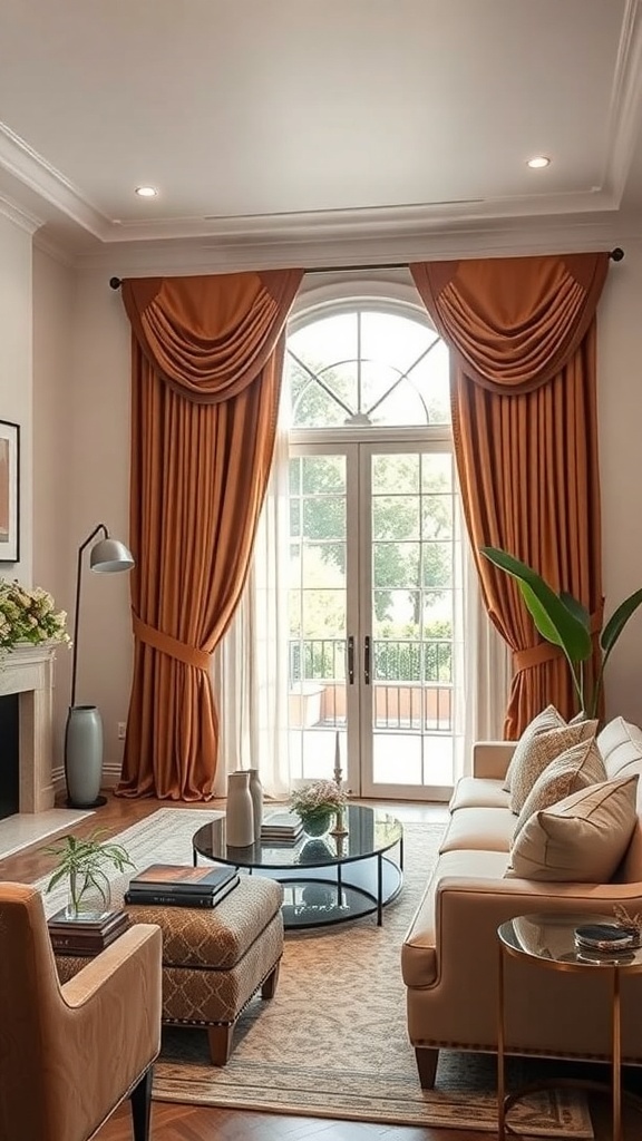 Luxurious fabric drapes framing a sliding glass door in a cozy living room