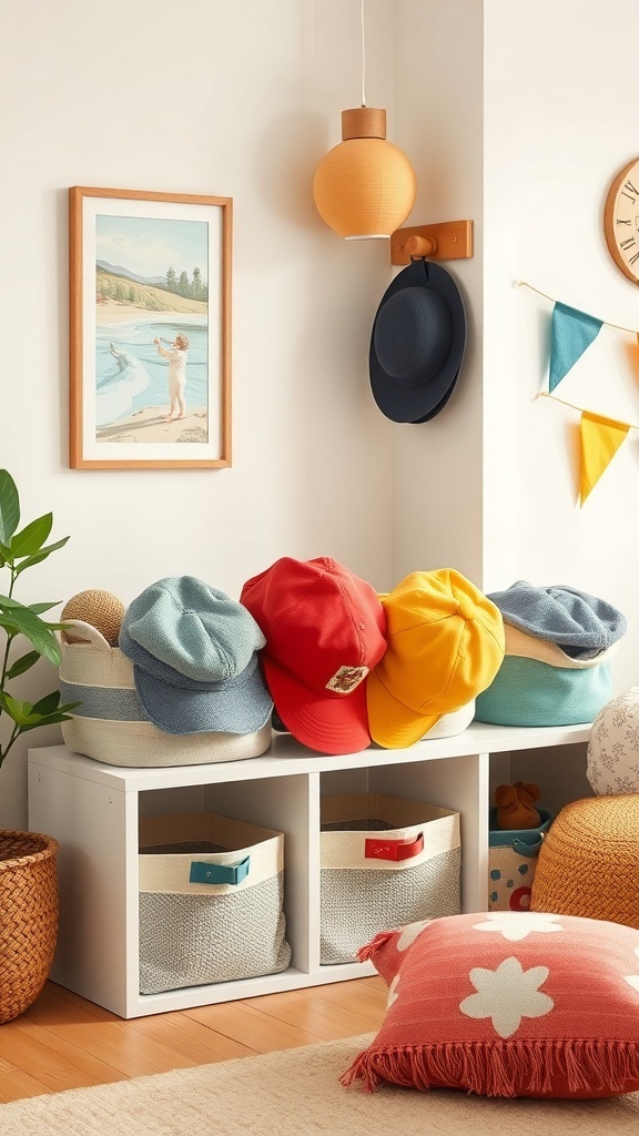 Colorful hats stored in fabric baskets on a shelf