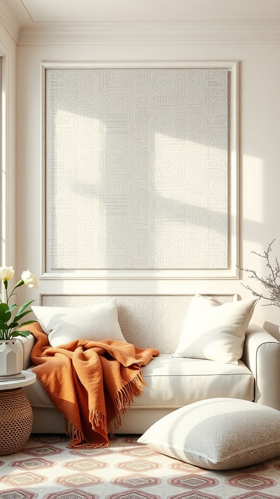 Cozy living room with fabric paneling, soft pillows, and a warm throw blanket