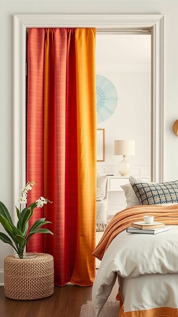 Vibrant fabric panels in orange and red hanging at a bedroom door, adding a soft texture to the space.