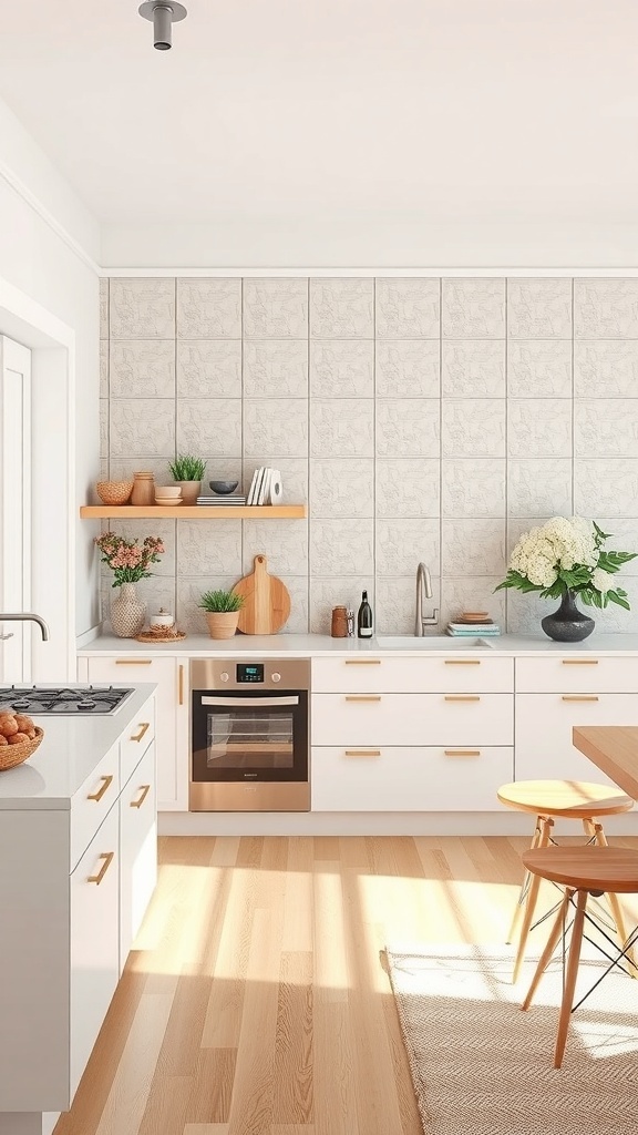 A modern kitchen featuring a fabric panel accent wall with white cabinetry and wooden accents.