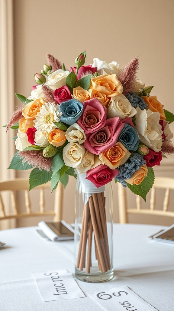 Colorful fabric scrap bouquet as a wedding centerpiece