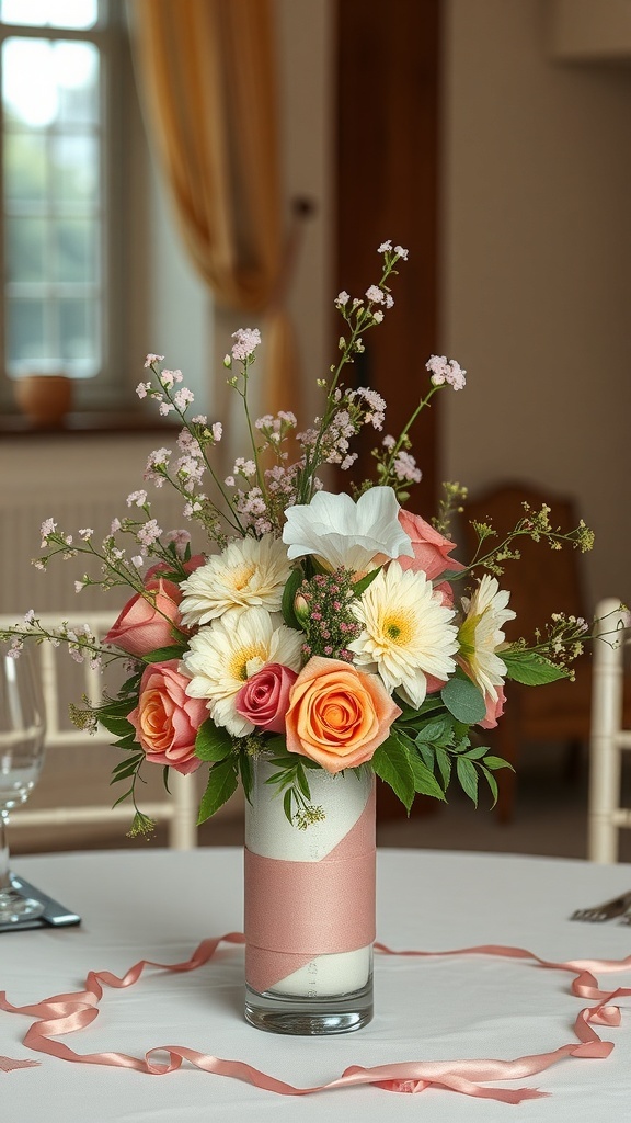 A floral arrangement in a glass vase with mixed flowers and pink ribbon decor, set on a white table.