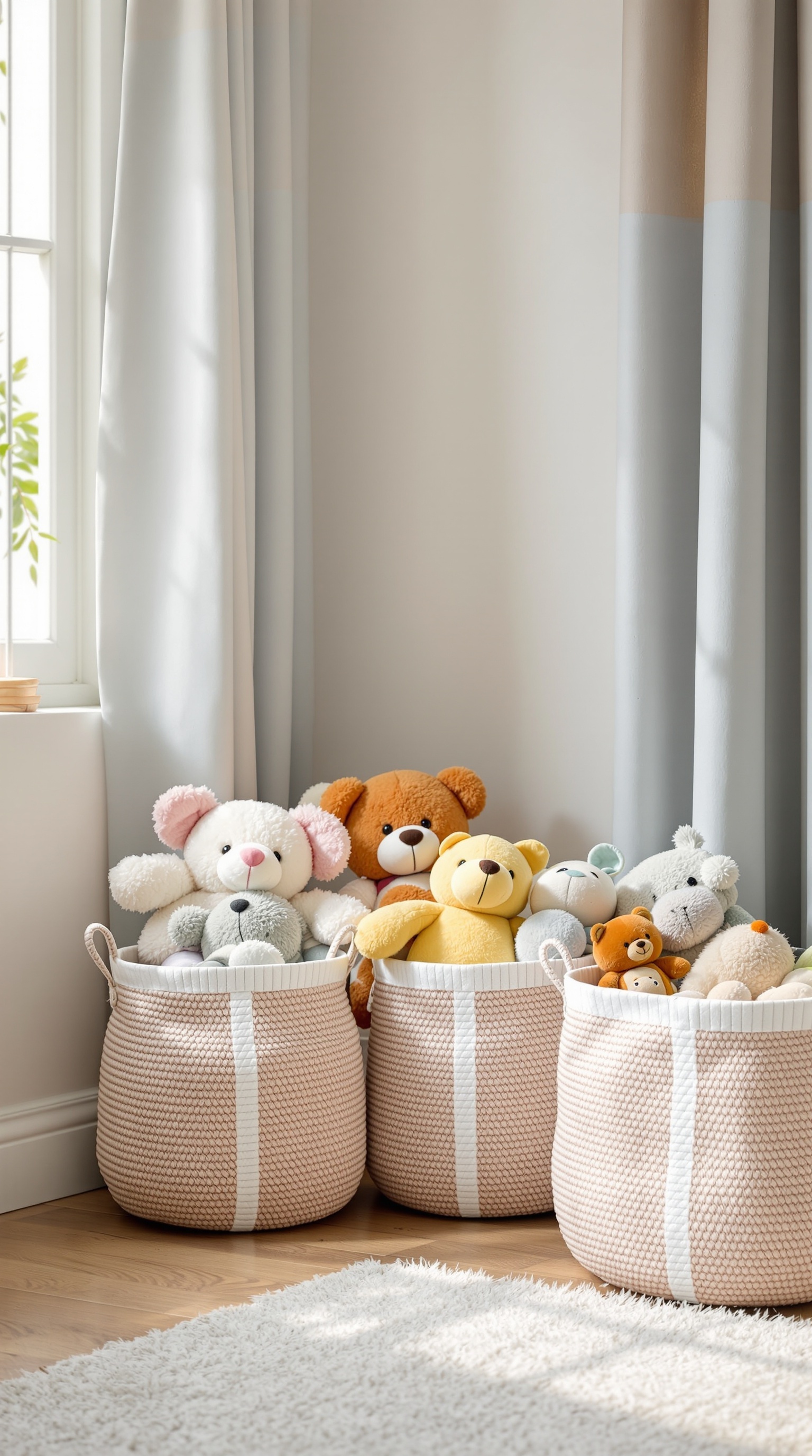 Three fabric storage baskets filled with soft toys in a bright room
