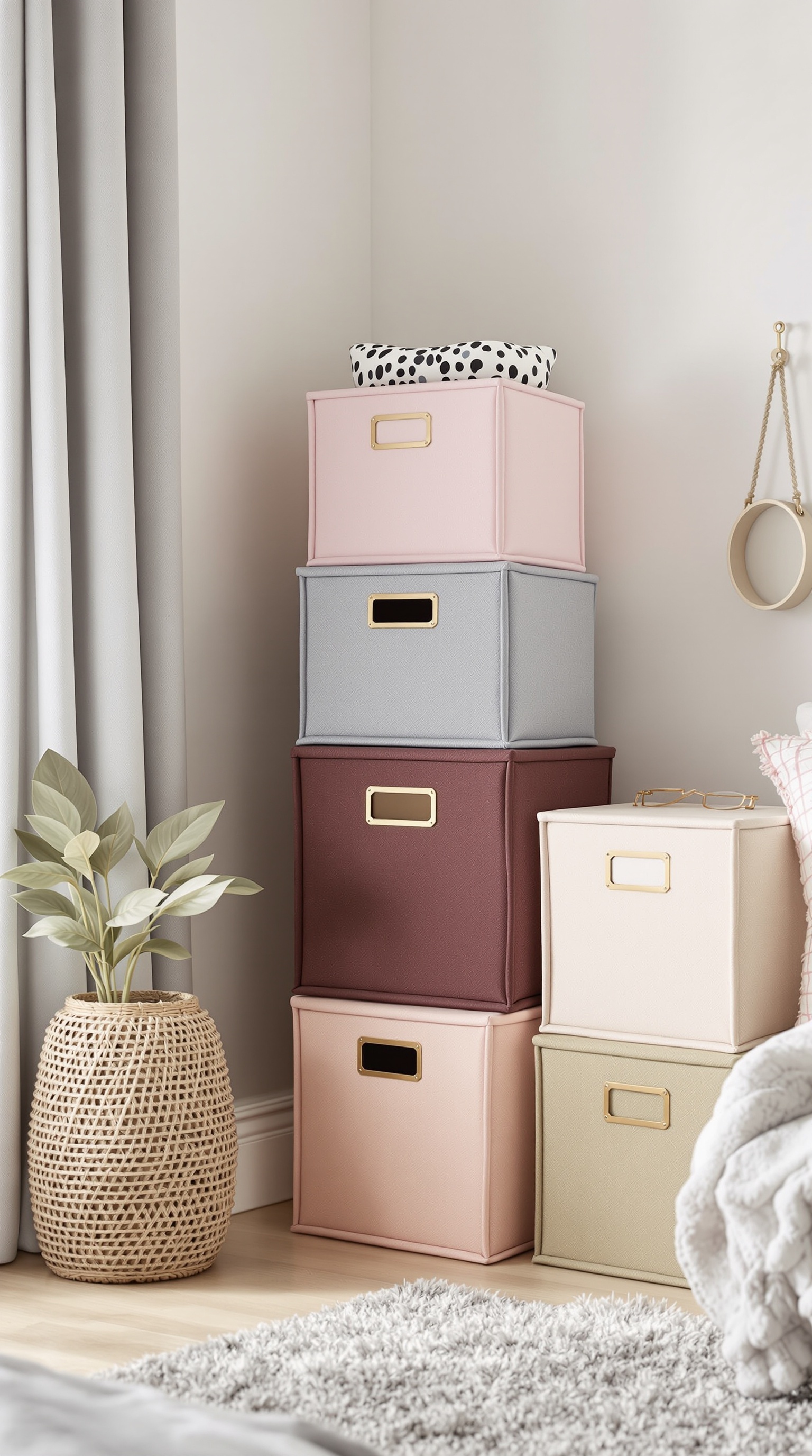A stack of pastel-colored fabric storage cubes in a cozy room setting.