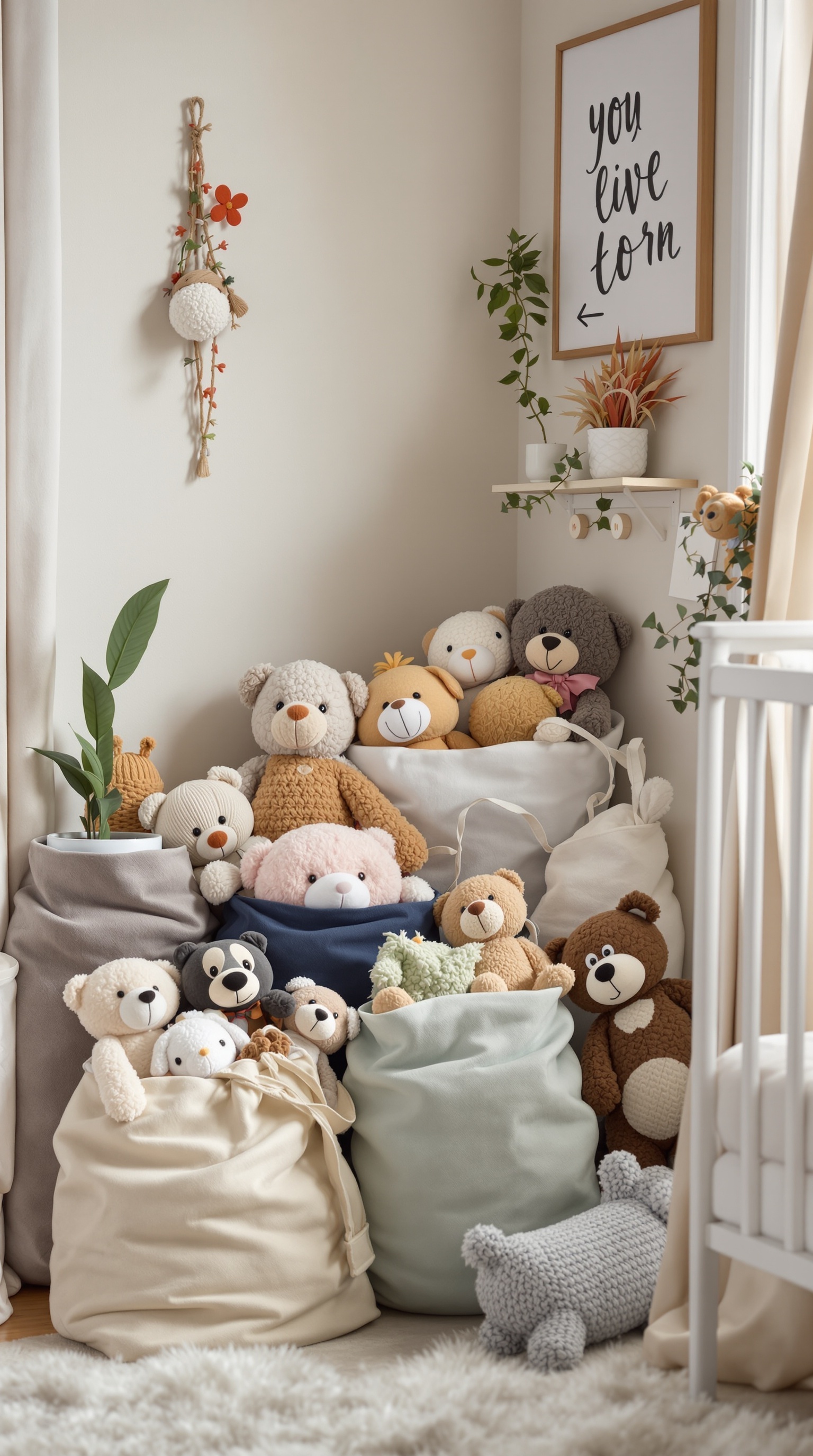 A cozy nursery corner with various soft toys stored in stylish fabric bags, complemented by plants and wall art.