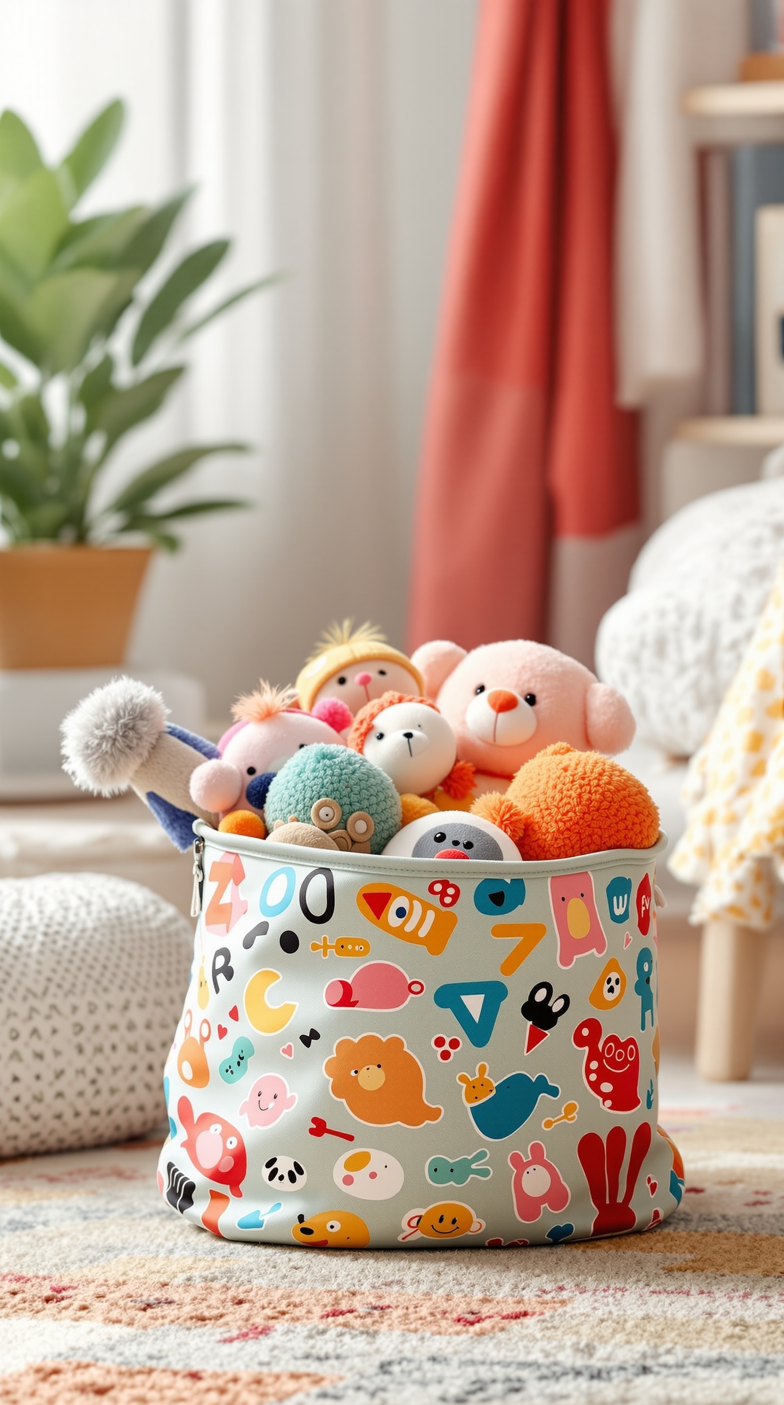 A colorful fabric toy bag filled with plush toys, showcasing a playful design.