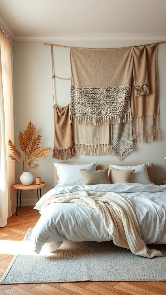 A cozy bedroom featuring fabric wall hangings in neutral tones, with a bed and decorative elements.