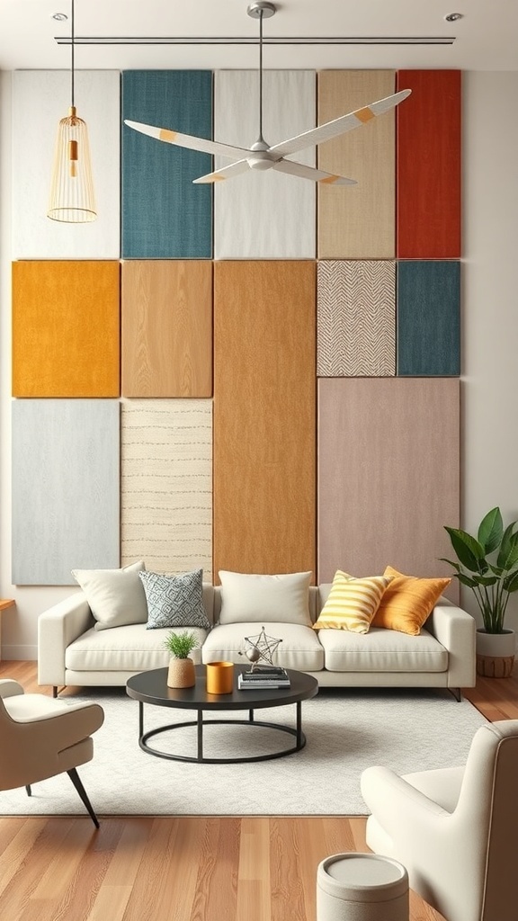 A cozy living room featuring a colorful arrangement of fabric wall panels and stylish furniture.