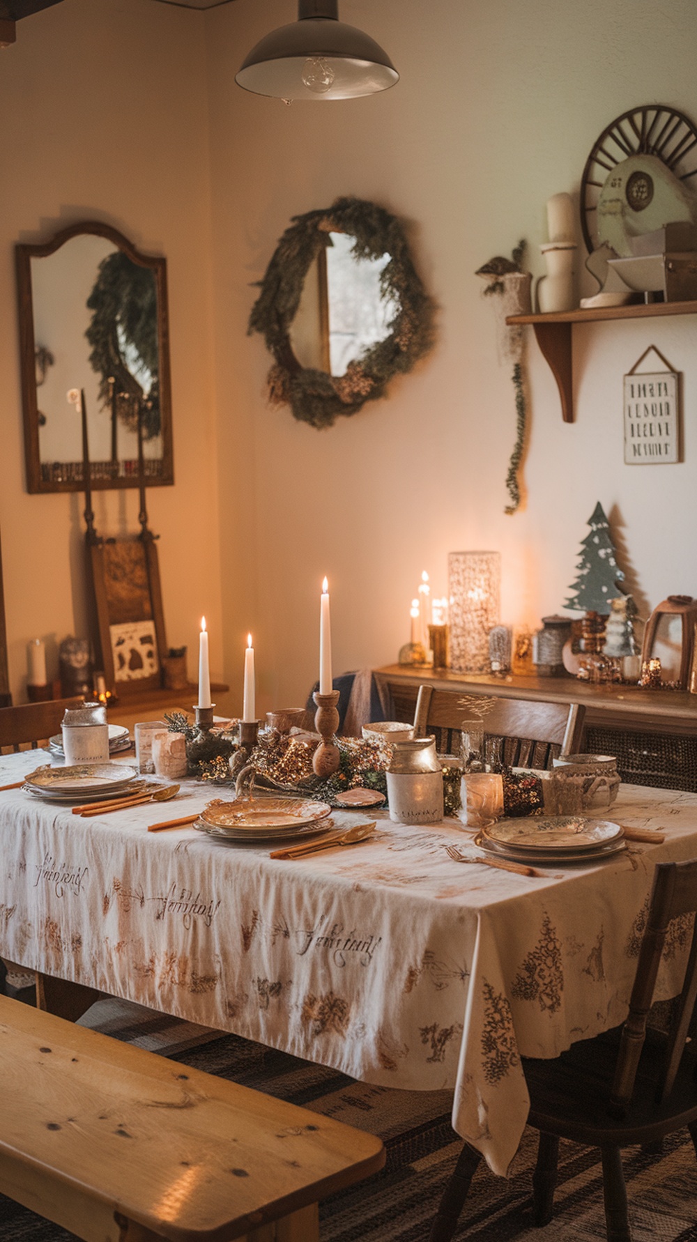 A cozy dining table set with a faded Christmas tablecloth, candles, and rustic decorations.