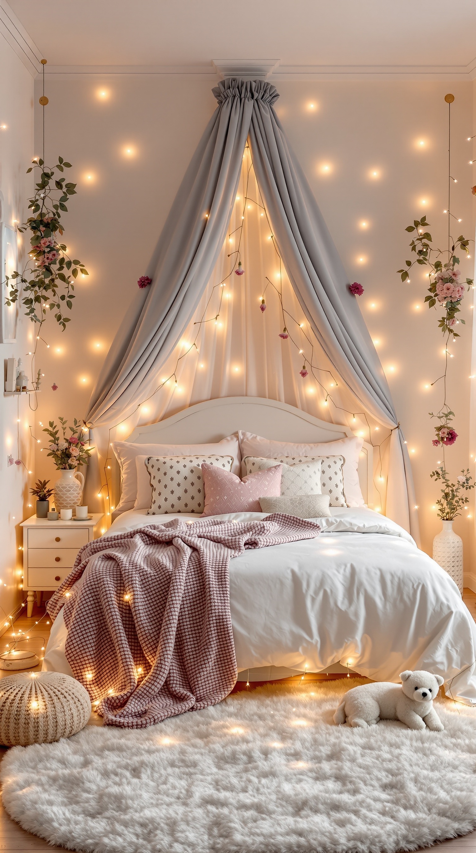 A cozy fairy garden bed with lights, drapes, and floral accents.