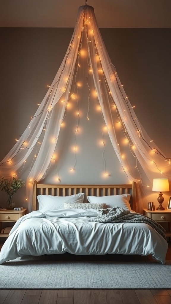 A cozy children's bedroom with a fairy light canopy above the bed, creating a magical atmosphere.