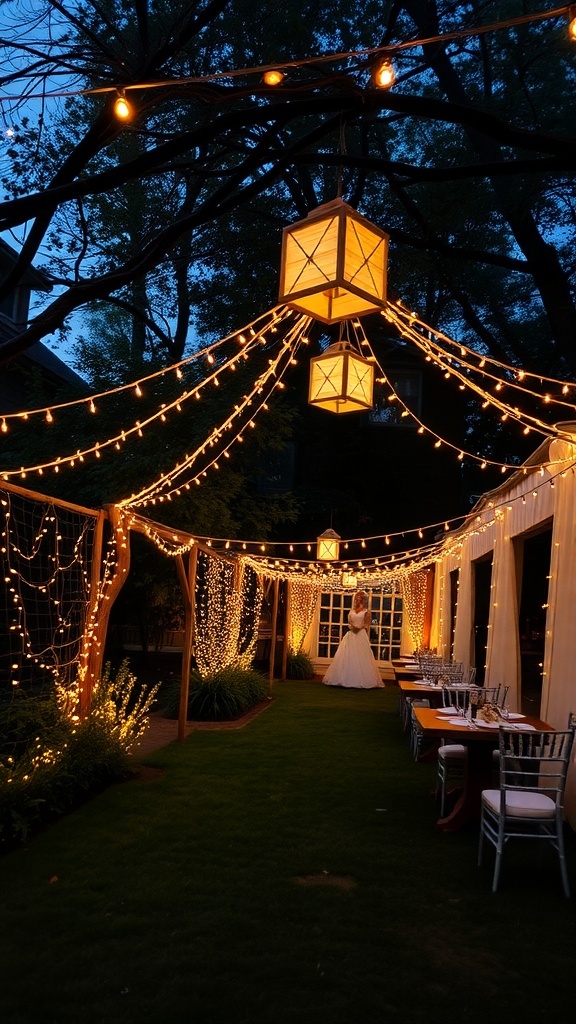 An outdoor bridal shower setting with fairy lights and lanterns at dusk.