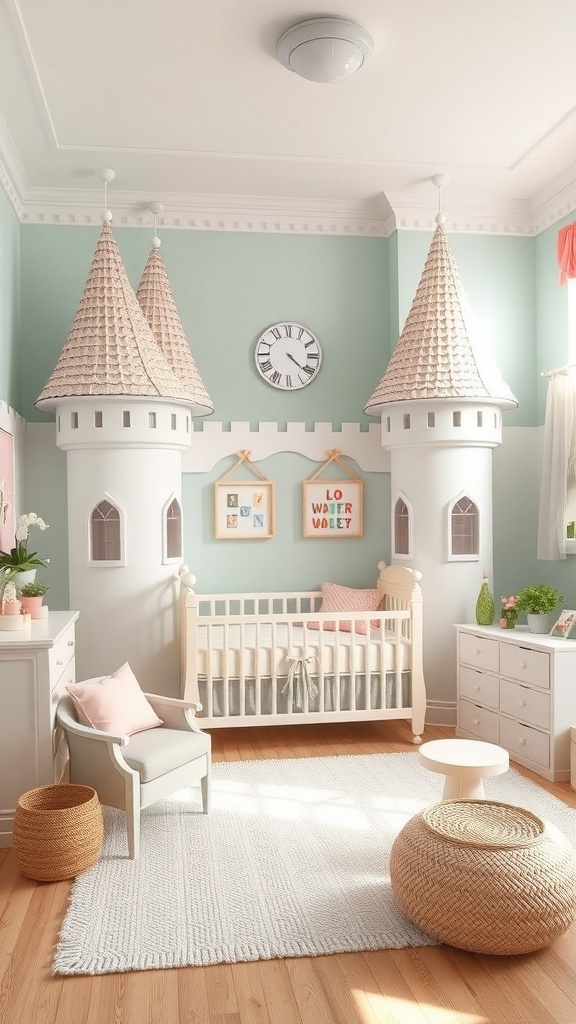 A nursery designed like a fairy tale castle, featuring castle towers, a crib, and soft decor.