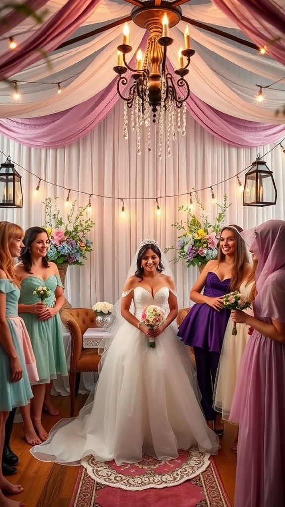 A bridal shower scene featuring a bride in a white gown surrounded by friends in colorful dresses, under elegant decor with soft lighting.