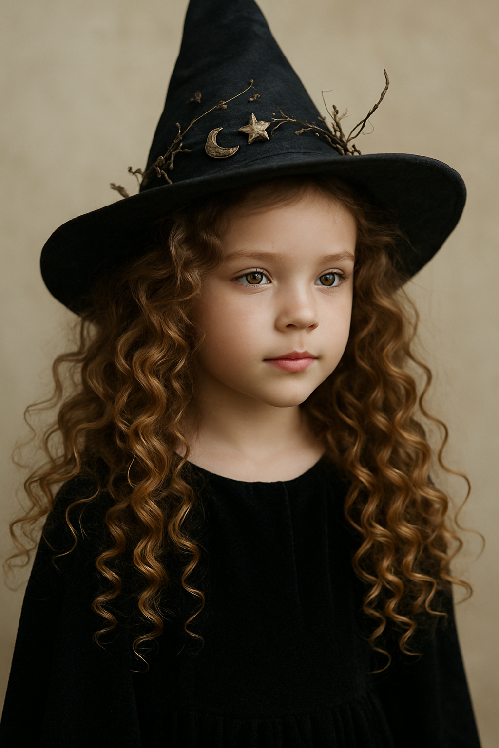 A young girl with curly hair wearing a witch hat, embodying a fairy tale witch look.